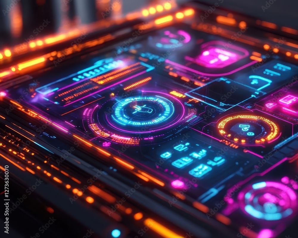 Obraz premium Language learning app in use, holographic translations appearing, clean minimalist desk setup, glowing neon light, photorealistic