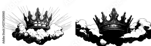 Editable hand-drawn illustration of a royal crown and clouds, showcased in a modern vintage engraving style, isolated on white, provided in a set of 8 EPS files