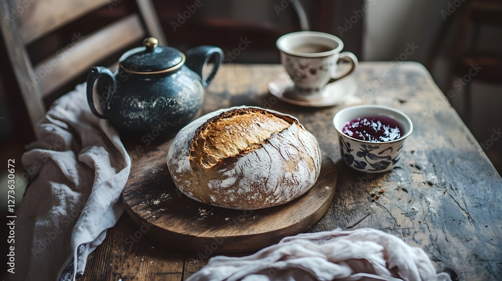 a loaf of bread with jam and tea a loaf of bread with jam and tea