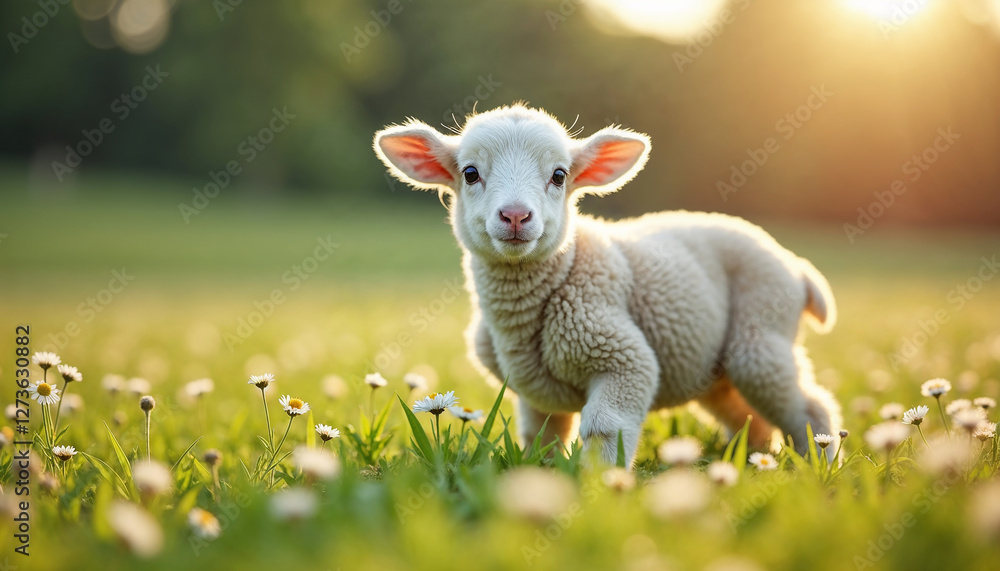 Adorable baby lamb standing in a spring meadow at sunrise surrounded by daisies and soft sunlight Adorable baby lamb standing in a spring meadow at sunrise surrounded by daisies and soft sunlight