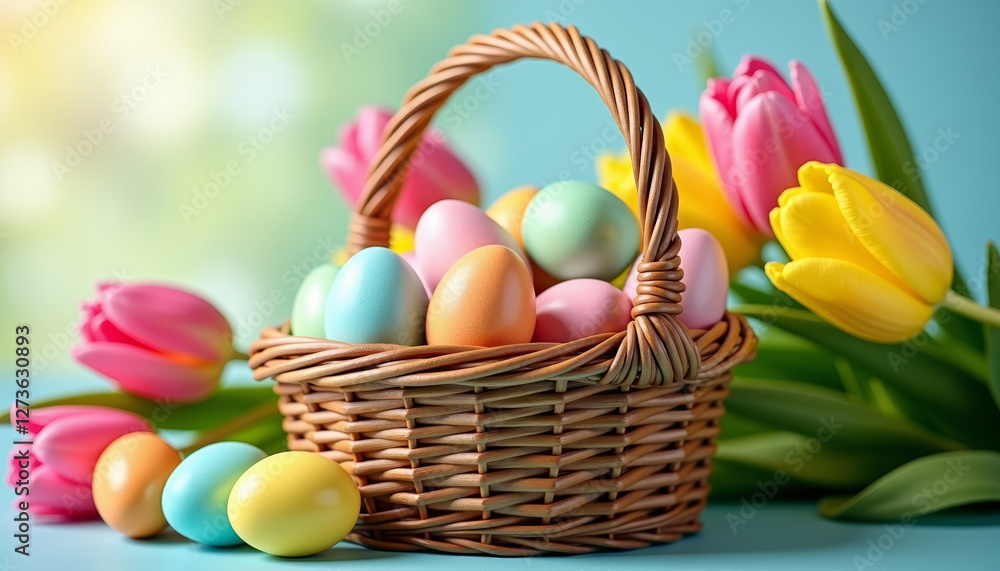 Basket filled with painted eggs and fresh tulips on a wooden table with natural diffused daylight. Basket filled with painted eggs and fresh tulips on a wooden table with natural diffused daylight.