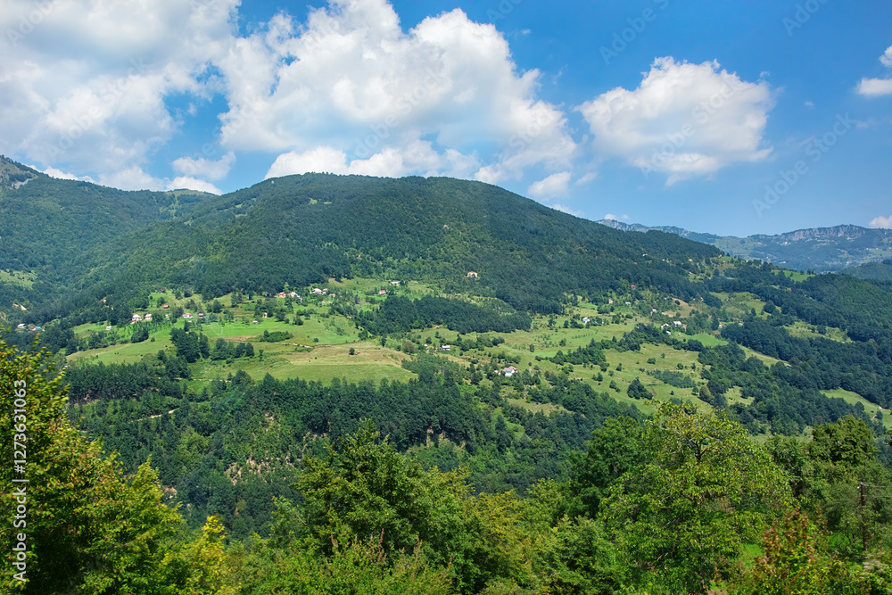 Lush green hills embrace a serene valley under a bright blue sky in Italy