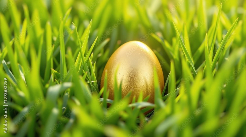 Fototapeta premium Golden egg lies hidden in lush fresh grass. Easter greeting card or poster for news with traditional egg hunt.