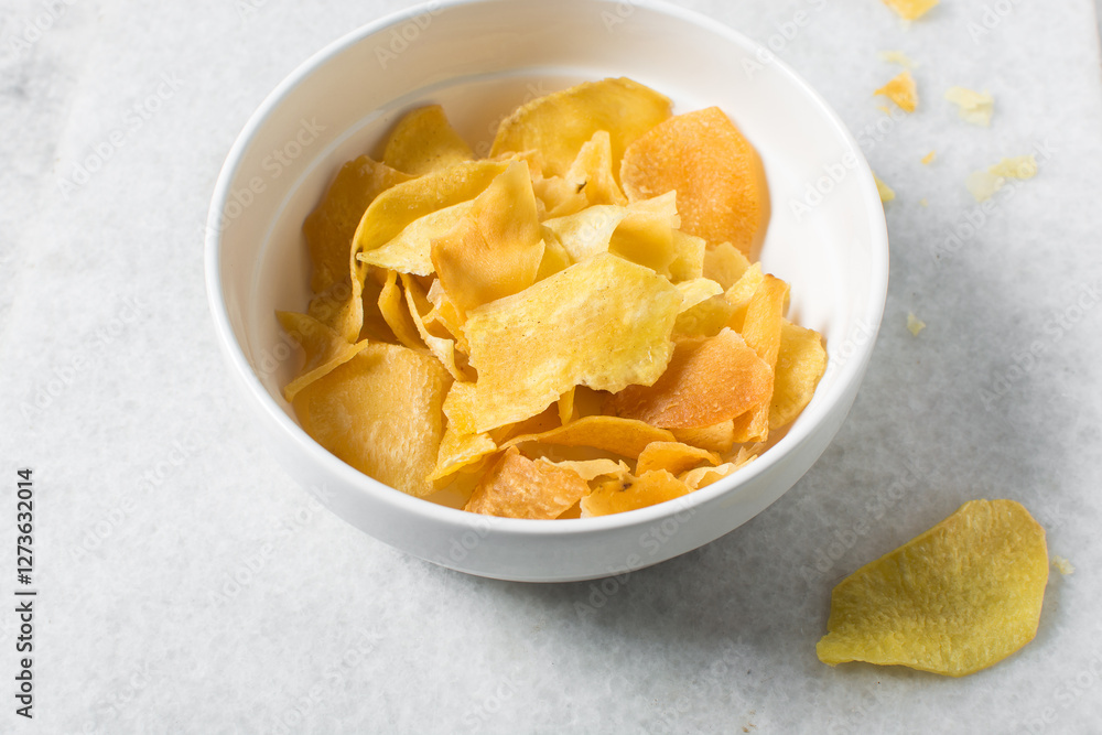 Overhead view of golden sweet potato chips in a white bowl, top view of crispy fried sweet potato chips Overhead view of golden sweet potato chips in a white bowl, top view of crispy fried sweet potato chips