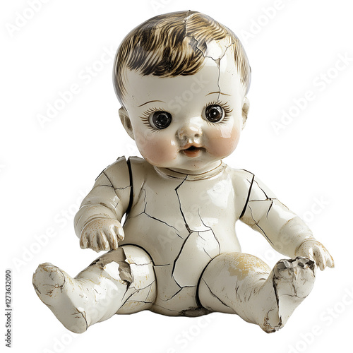 A broken antique porcelain baby doll with a cracked face and body, isolated on a transparent background