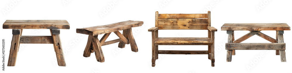 Rustic Wooden Benches with Weathered Finish Isolated for Creative and Design Use in Various Settings Rustic Wooden Benches with Weathered Finish Isolated for Creative and Design Use in Various Settings