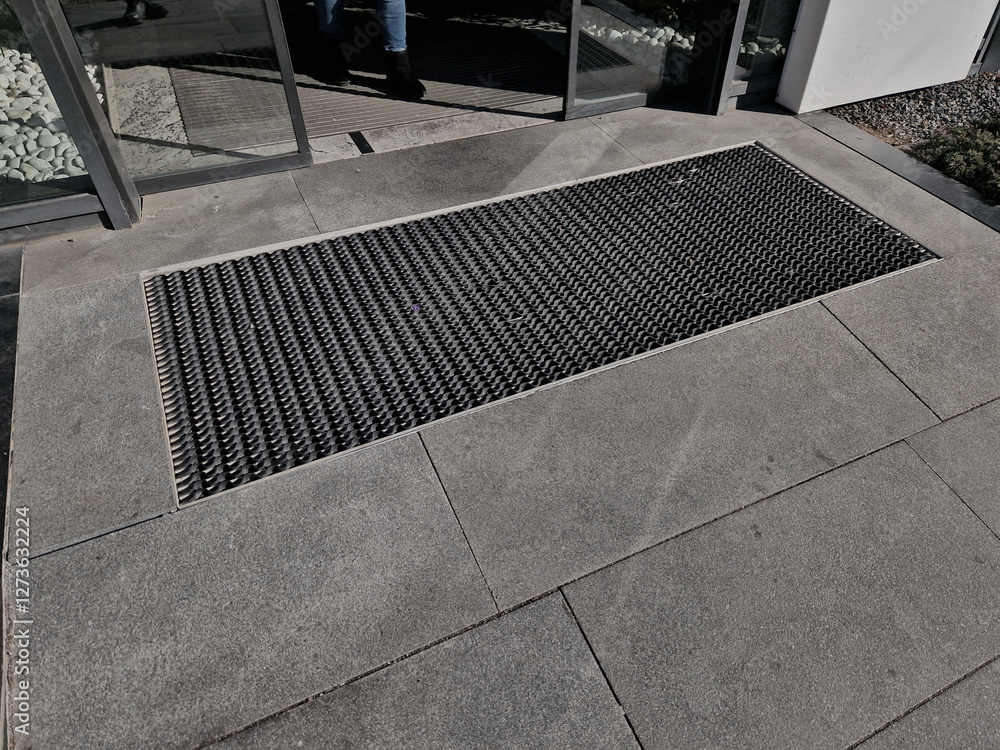 Fototapeta premium industrial mat cleaning zones at the entrance to the building. A black plastic-metal mat in the shape of an arch or half-circle lies on the limestone mosaic tiles