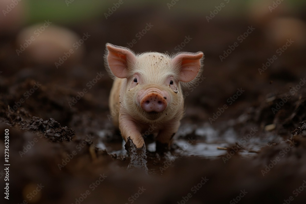 Piglet walking in muddy field, farm animal, for agriculture, food production Piglet walking in muddy field, farm animal, for agriculture, food production