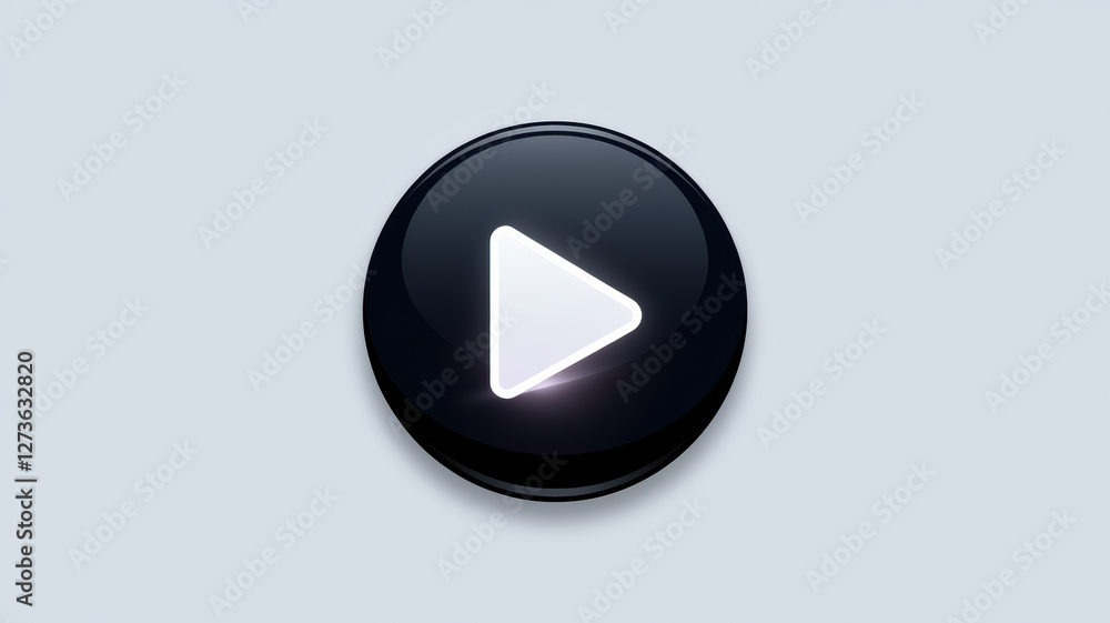 Glossy black play button with white triangle icon, 3D media control symbol on light background Glossy black play button with white triangle icon, 3D media control symbol on light background