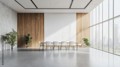 Bright and spacious office meeting room designed with modern furnishings and large windows offering a view of the cityscape