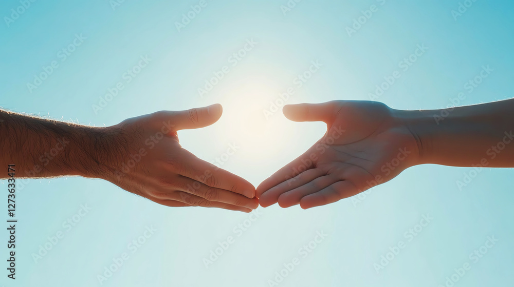 Two hands reaching towards each other under bright sun, symbolizing connection and unity. Two hands reaching towards each other under bright sun, symbolizing connection and unity.