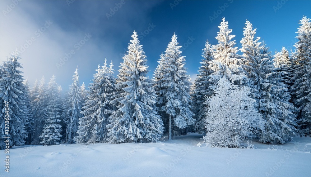 fantastic snow capped conifers covered with hoarfrost on a frosty day fantastic snow capped conifers covered with hoarfrost on a frosty day