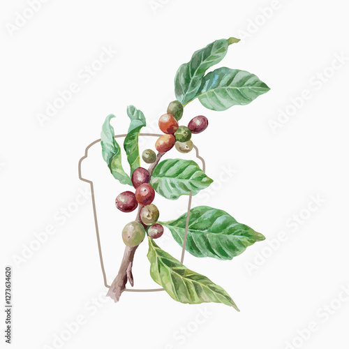 Coffee branch with berries and leaves, silhouette of paper cup for drink, watercolor. Hand drawn vector illustration. Labels, postcards, invitations, posters for cozy cafes, large banners for shops.