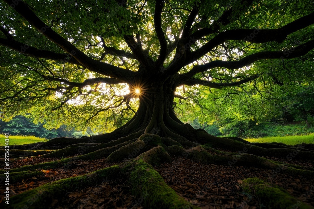 Naklejka premium Majestic tree spreads its branches wide in a sun-dappled green forest