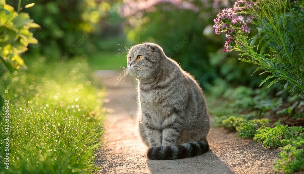 Obraz premium a gray lop eared tabby domestic cat sits on a path in the garden on a summer day