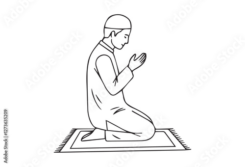 Muslim Man Praying Hands vectors, During Ramadan, Muslims worship and pray to Allah. This illustration depicts a Muslim individual sitting in prayer, drawn in a single continuous line.