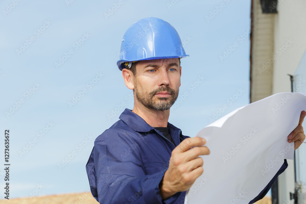 male construction worker holding plans outdoors male construction worker holding plans outdoors