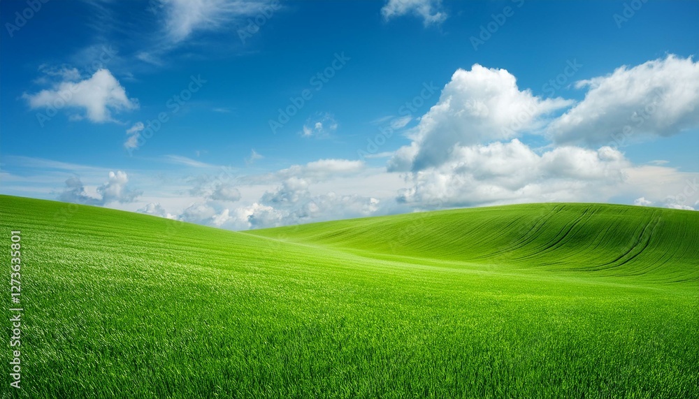 idyllic green wavy field and blue sky with clouds background idyllic green wavy field and blue sky with clouds background