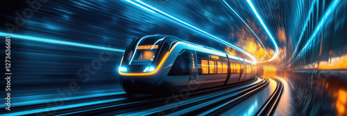 Modern train moves swiftly through a vibrant urban tunnel filled with dynamic lights during twilight hours