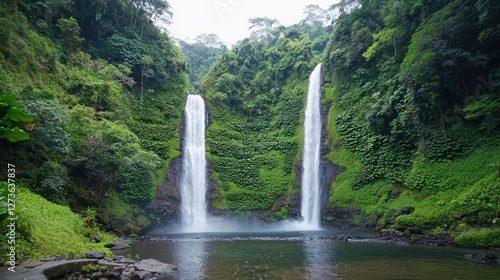 Twin Waterfalls in Lush Tropical Forest