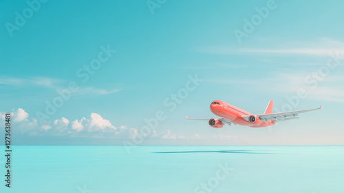 Red airplane flying above turquoise ocean under clear sky and clouds