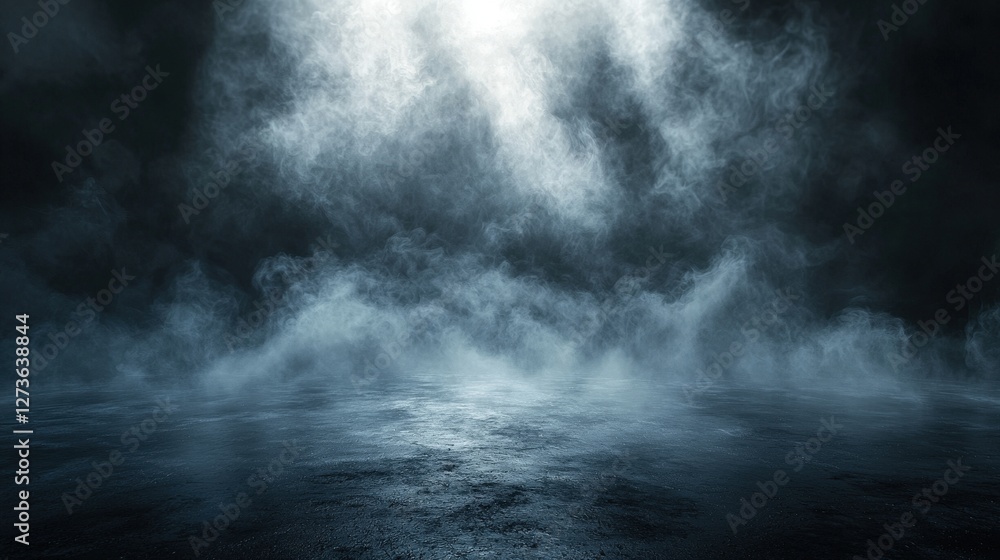 Fototapeta premium Smoky urban night scene, reflective ground, dark background, ideal for fantasy or thriller