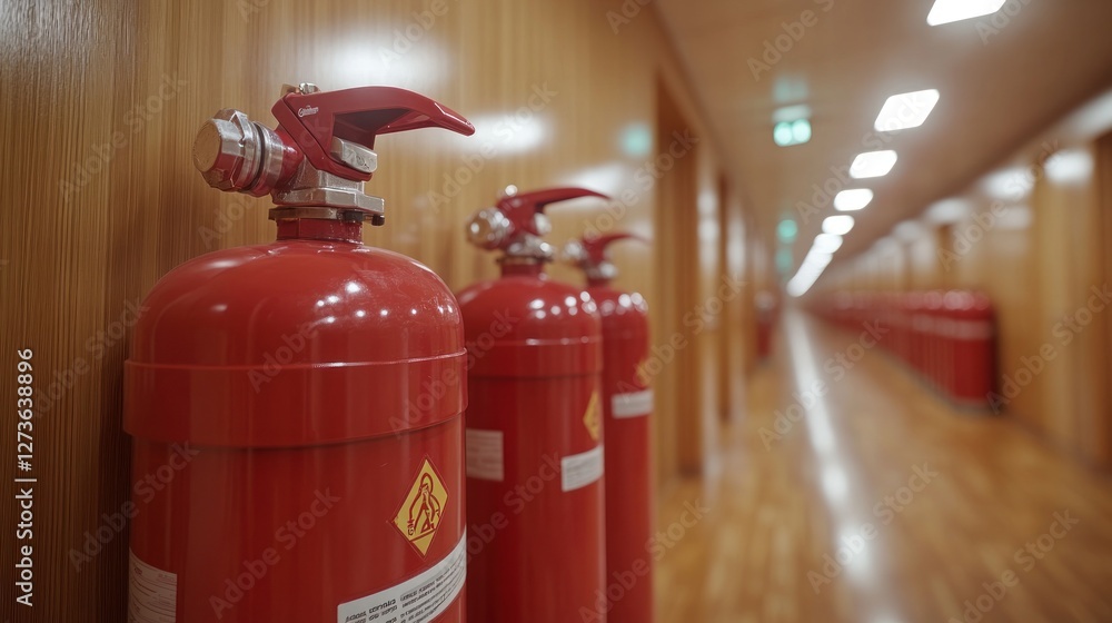 custom made wallpaper toronto digitalRed fire extinguishers lined up in a modern hallway