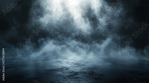 Smoky urban night scene, reflective ground, dark background, ideal for fantasy or thriller