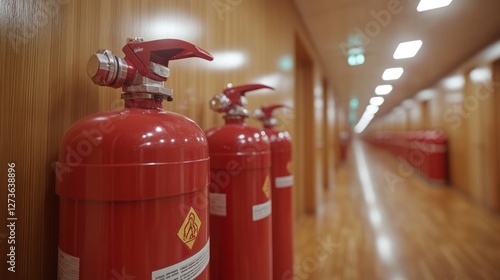 Wallpaper Mural Red fire extinguishers lined up in a modern hallway Torontodigital.ca