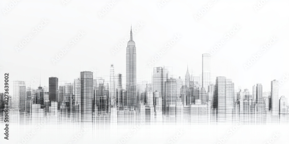 Obraz premium Architectural wireframe of modern city skyline with skyscrapers and urban structures