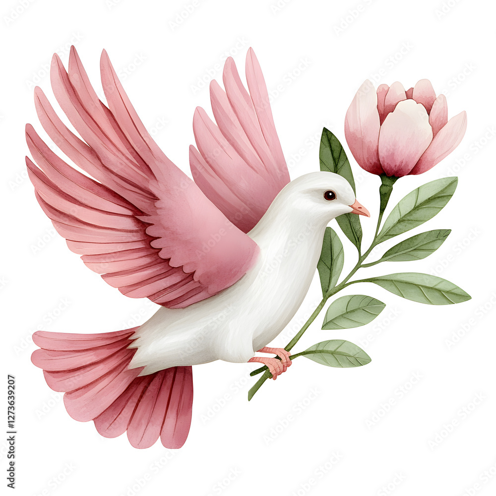 Fototapeta premium watercolor dove with pink wings carrying flower branch, symbolizing peace and love