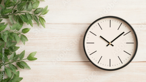 Wallpaper Mural Minimalist wall clock on wooden background with green leaf decor enhancing modern aesthetic Torontodigital.ca