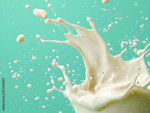 Milk splash against teal background, closeup, food photography, drink photo