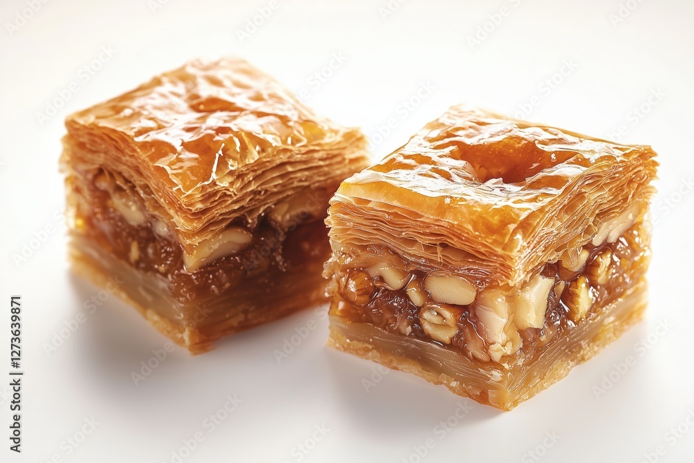 Close-up view of two pieces of delicious baklava pastry topped with a shiny honey syrup and filled with chopped nuts, showcasing the flaky layers characteristic of this popular dessert Close-up view of two pieces of delicious baklava pastry topped with a shiny honey syrup and filled with chopped nuts, showcasing the flaky layers characteristic of this popular dessert