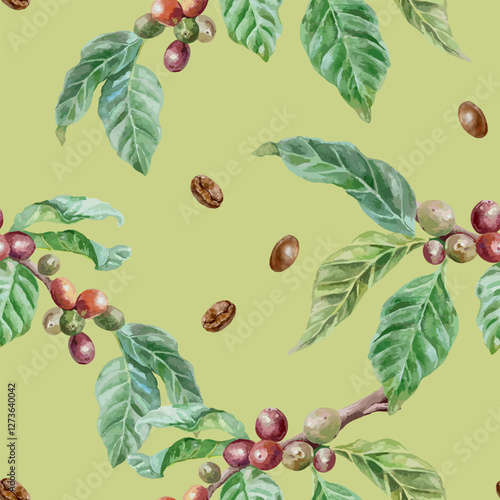 Coffee branch with green leaves and berries, roasted beans, seamless pattern, watercolor. Hand drawn vector illustration. For cards, wrapping paper, covers, fabric, wallpaper, textile.