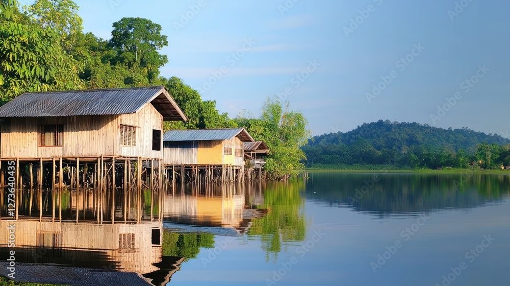 Naklejka premium Houses on Stilts by the River
