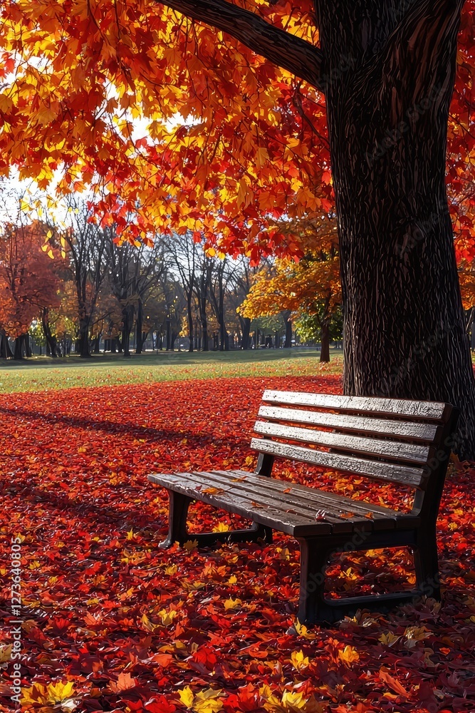 Autumnal Park Bench Underneath Colorful Maple Leaves Autumnal Park Bench Underneath Colorful Maple Leaves