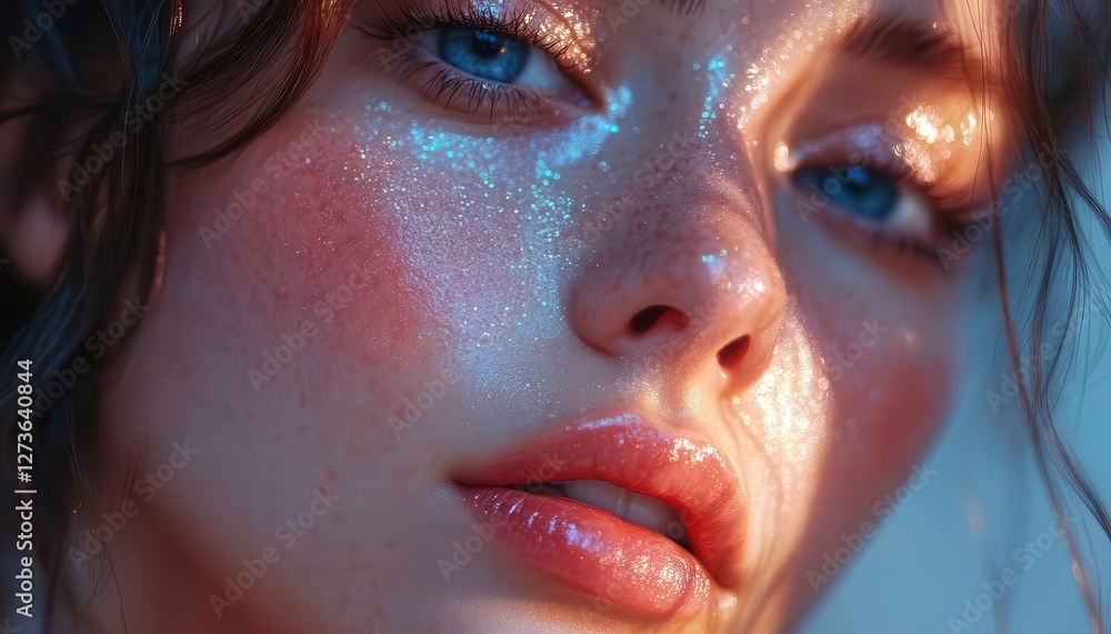 Natural beauty look with soft glowing holographic skincare data, clean minimalist background, soft lighting, photorealistic Natural beauty look with soft glowing holographic skincare data, clean minimalist background, soft lighting, photorealistic