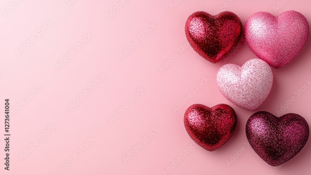 Fototapeta premium Creative heart confetti art pink and crimson mix digital artwork studio environment top view valentine’s concept