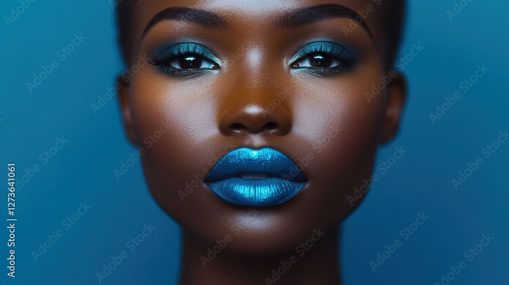 Bold turquoise lipstick application by model in studio environment captured close-up for makeup inspiration Bold turquoise lipstick application by model in studio environment captured close-up for makeup inspiration