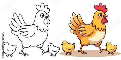 A hen is walking around with some of her chicks Isolated Line Art Vector Outline Illustration Black and White with Coloring Sample
