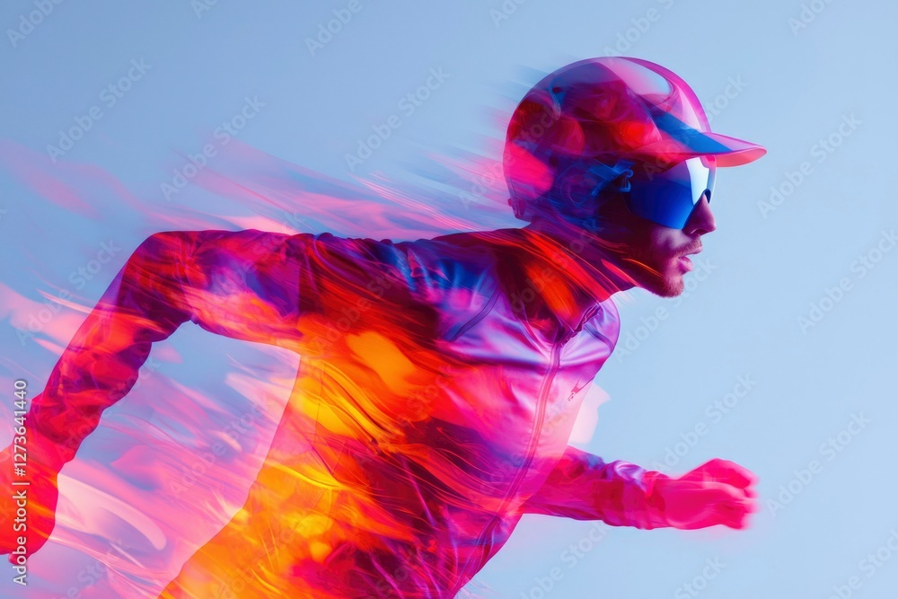 Obraz premium Speed Runner Athlete in motion with colorful blur effect against light background