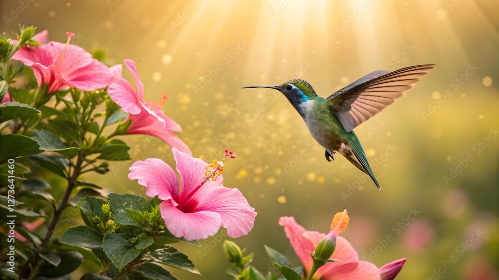 Obraz premium Hummingbird and Hibiscus in Sunlight Vibrant Nature Scene