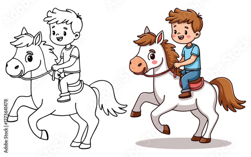 A boy is riding on horse Isolated Line Art Vector Outline Illustration Black and White with Coloring Sample