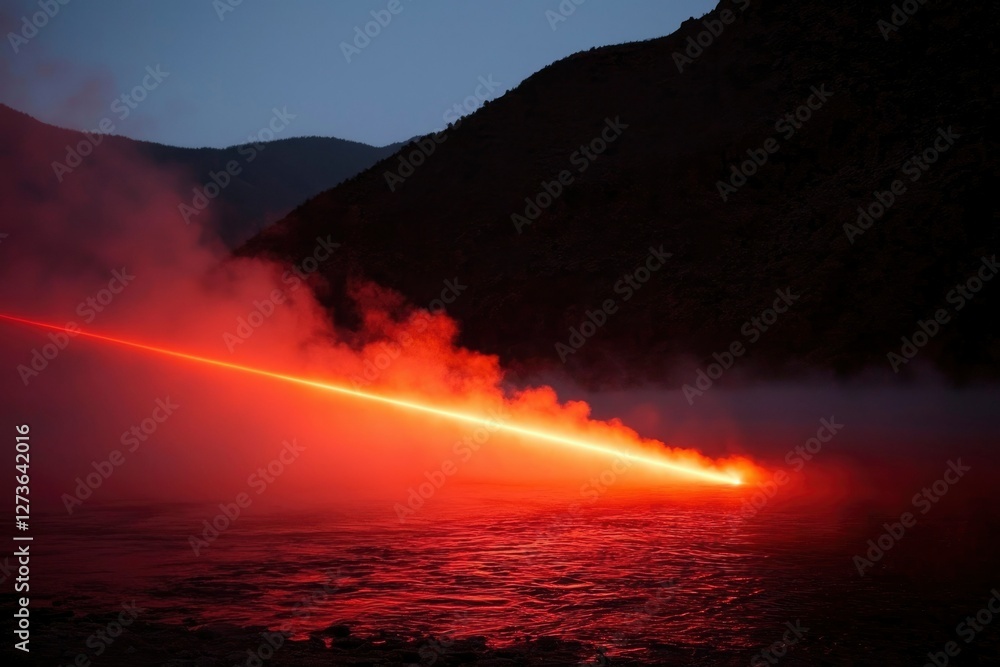 Fototapeta premium Laser display at dusk in mountains reflecting on surface for creative projects