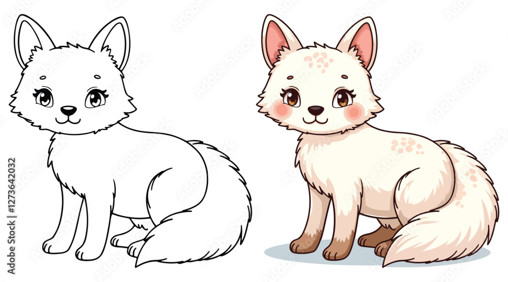 Obraz premium A Cute Fox Isolated Line Art Vector Outline Illustration Black and White with Coloring Sample