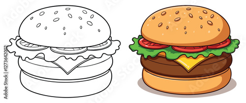 A Cute Burger Isolated Line Art Vector Outline Illustration Black and White with Coloring Sample