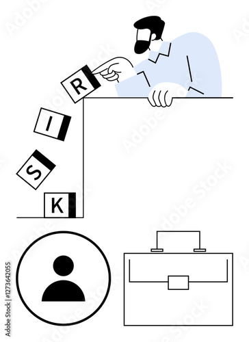 Male figure adjusting RISK blocks near an edge, representing calculated decisions. Includes profile icon, briefcase. Ideal for entrepreneurship, risk, strategy, planning, leadership uncertainty