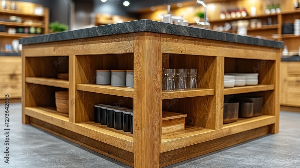 Obraz premium Wooden kitchen island with built-in shelves, modern interior design