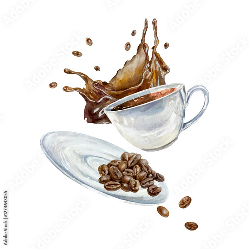 Coffee splash with drops, roasted brown beans, porcelain cup and saucer. Hand drawn vector illustration. For postcards, invitations, posters for pastry shops and cafes, large banners, labels.